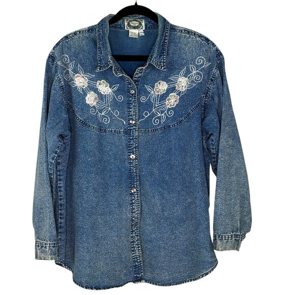 Vtg 90s Women’s Western Button Up Shirt Embroidered Chambray Size 2X Distressed - Picture 1 of 10